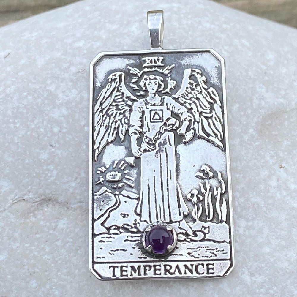 Temperance Tarot Card Pendant .925 Sterling Silver w/ genuine Amethyst gem USA